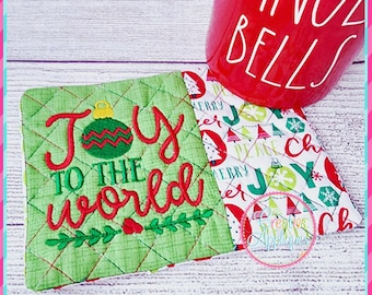 Joy to the World Mug Rug In the Hoop Machine Embroidery Design, 5x7 hoop, mug rug, quilted cup mat, mug mat, coaster