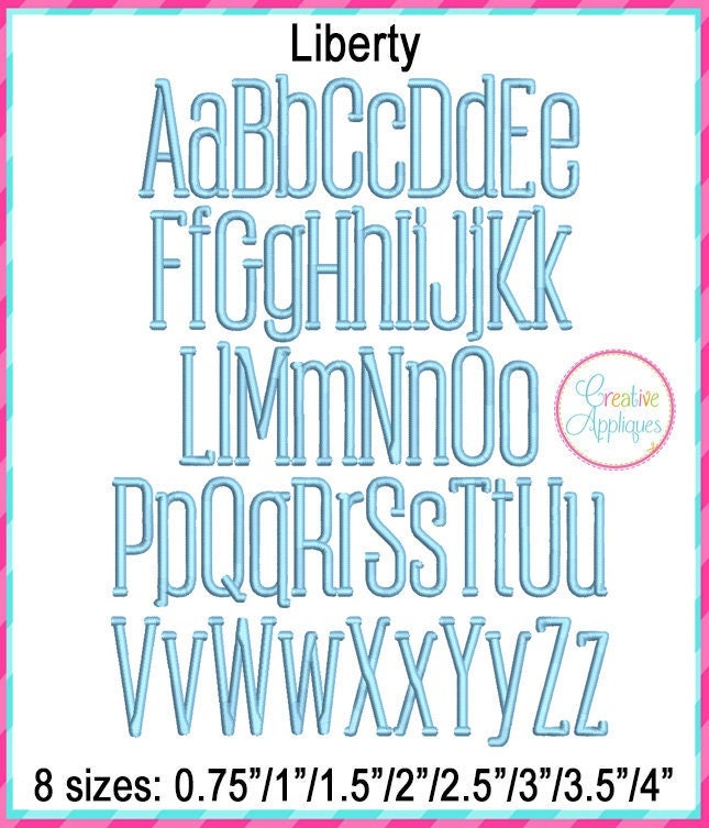8 Sizes Liberty Embroidery Font Digital Machine Embroidery, A to Z upper and lower case letters, tall embroidery font, skinny font