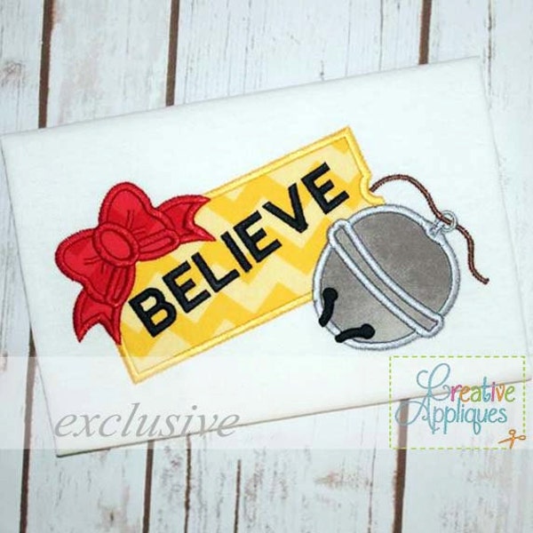 Believe Sleigh Bell Bow Applique Digital Machine Embroidery Design 4 Sizes, train ticket applique, ticket applique