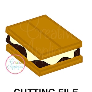 Puede incluir: Ilustración digital de un s'more, con galletas Graham, chocolate y malvavisco. La imagen tiene una combinación de colores marrón, blanco y negro. El texto "CUTTING FILE" se muestra en la parte inferior de la imagen.