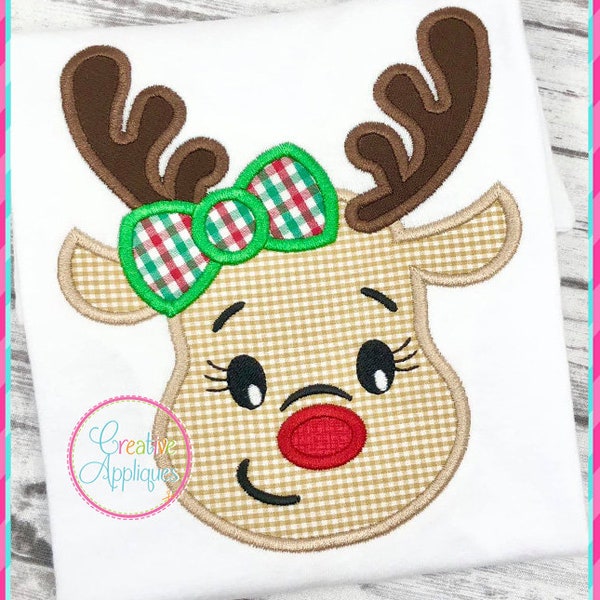 Reindeer Girl Applique Machine Embroidery Design, 4 sizes, reindeer applique, reindeer embroidery, girl reindeer bow applique design,