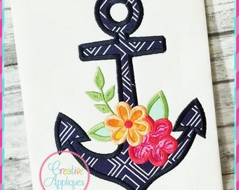 Anchor with Flowers Machine Embroidery Applique Digital Design 5 Sizes, anchor applique, anchor embroidery, anchor flowers applique
