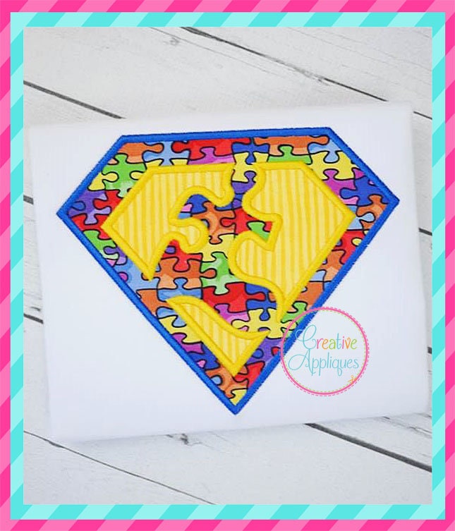 Super eroe Puzzle pezzo Autism Awareness supporto digitale macchina ricamo Applique Design 4 dimensioni, applique di autismo, puzzle pezzo applique