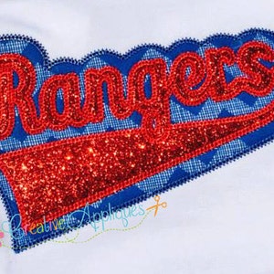 May include: Red and blue embroidered patch with the word "Rangers" in a white, sparkly font. The patch has a blue and white checkered pattern and a red, sparkly, pointed shape at the bottom.