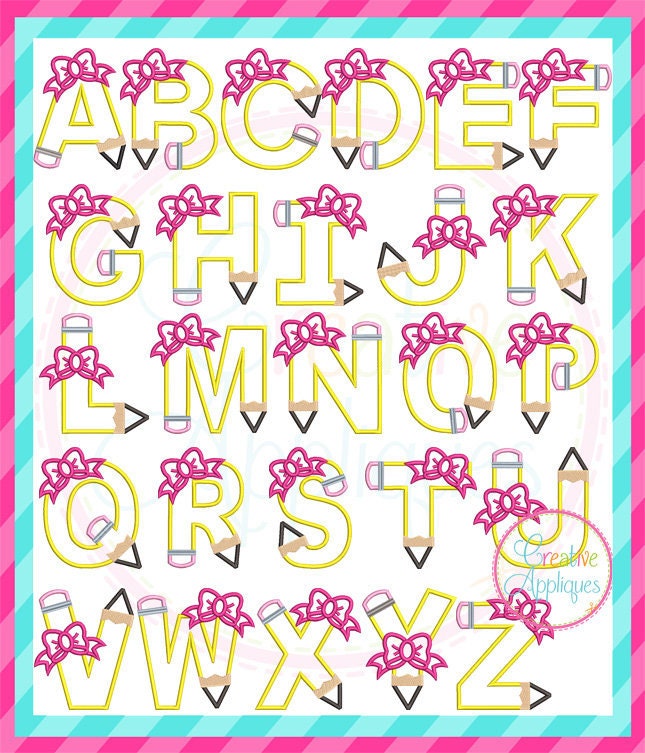 Pencil Bow Alphabet Letters Digital Machine Embroidery Applique Design 5 sizes, pencil applique, pencil letters applique, pencil alphabet