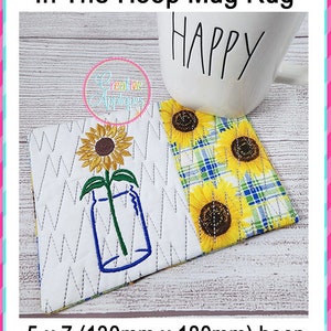 Sunflower Mug Rug In the Hoop Machine Embroidery Design, 5x7 hoop, mug rug, quilted cup mat, mug mat, coaster