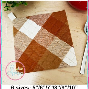 May include: A brown and white checkered hot pad with a loop for hanging. The hot pad is available in six sizes: 5", 6", 7", 8", 9", and 10".