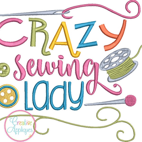 Crazy Sewing Lady Digital Machine Embroidery Design 4 sizes, sewing embroidery, craft embroidery,