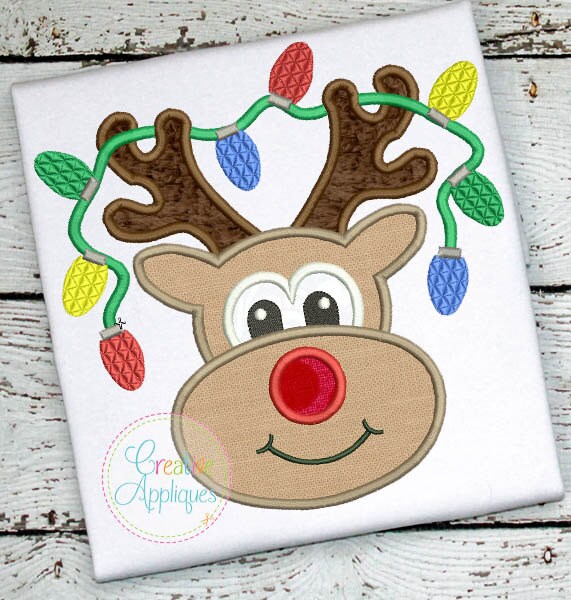 Reindeer with Lights Applique Digital Machine Embroidery Design 4 Siz…