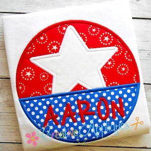 May include: Red, white and blue appliqué with a white star and the name "AARON" in white letters on a blue background with white polka dots.