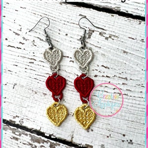 Hearts Dangling FSL Earrings Embroidery Machine Design, embroidery file, embroidery design, free standing lace, in the hoop