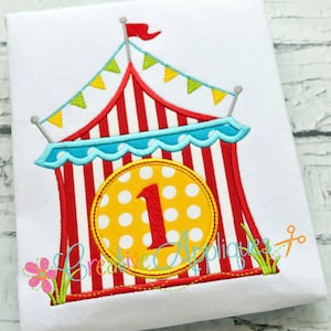 May include: Red and white striped circus tent with a blue and white scalloped awning. A yellow circle with white polka dots and the number "1" in red is in front of the tent.