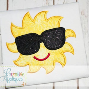 Sun with Sunglasses Digital Machine Embroidery Applique Design 4 Sizes, sun applique, sun embroidery, summer applique