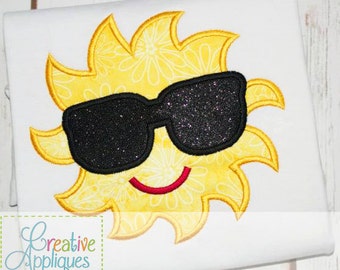 Sun with Sunglasses Digital Machine Embroidery Applique Design 4 Sizes, sun applique, sun embroidery, summer applique