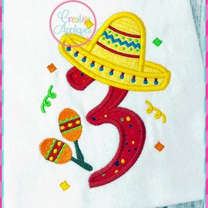 3rd Birthday 3 Sombrero Number Applique Digital Machine Embroidery Design 4 Sizes, Cinco de Mayo applique, sombrero birthday number applique