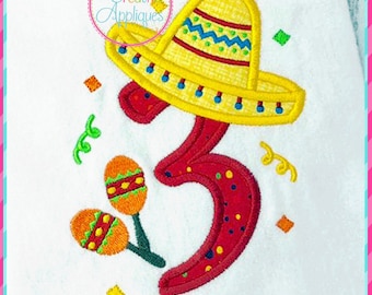 3rd Birthday 3 Sombrero Number Applique Digital Machine Embroidery Design 4 Sizes, Cinco de Mayo applique, sombrero birthday number applique