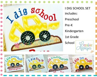 I dig school Set Digger Backhoe Excavator Digital  Machine Embroidery Applique Design 4 Sizes