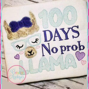 May include: Embroidered design featuring a llama with a purple bow, glasses, and hearts. The text "100 Days No Prob Llama" is stitched in turquoise and purple.