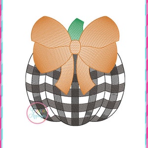 May include: A black and white checkered pumpkin with a large orange bow. The pumpkin is a simple design with no stem.
