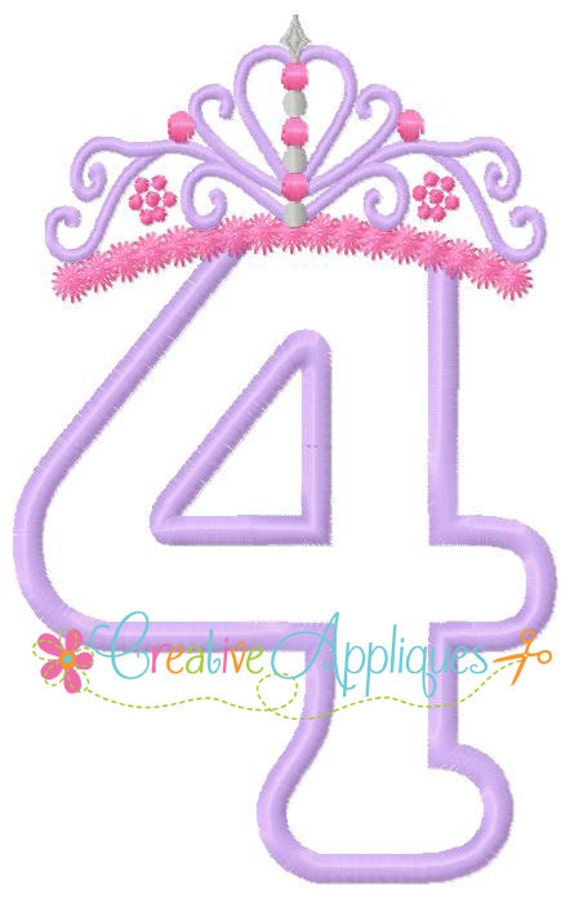Princesa corona cumpleaños número 4 bordado apliques diseño 4 tamaños,  Corona 4 apliques, 4 apliques de corona cumpleaños, cuarto cumpleaños