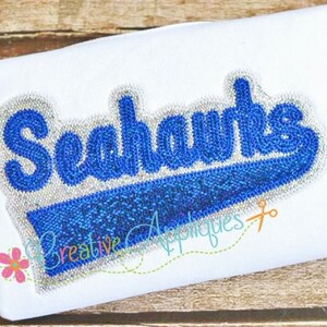 May include: A blue and silver embroidered patch with the word "Seahawks" in a cursive font. The patch is on a white t-shirt.