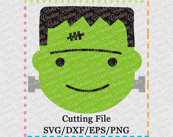May include: A green Frankenstein's monster face graphic with black hair, eyes, and a stitched scar. The image includes the text "Cutting File" and file type options: SVG/DXF/EPS/PNG. The design is suitable for Halloween crafts.