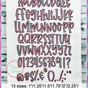 May include: A colorful alphabet and number embroidery font in 13 sizes, ranging from 1 to 4 inches. The font is a casual, handwritten style with a blue and red color scheme. The font includes uppercase letters, numbers, punctuation marks, and symbols.
