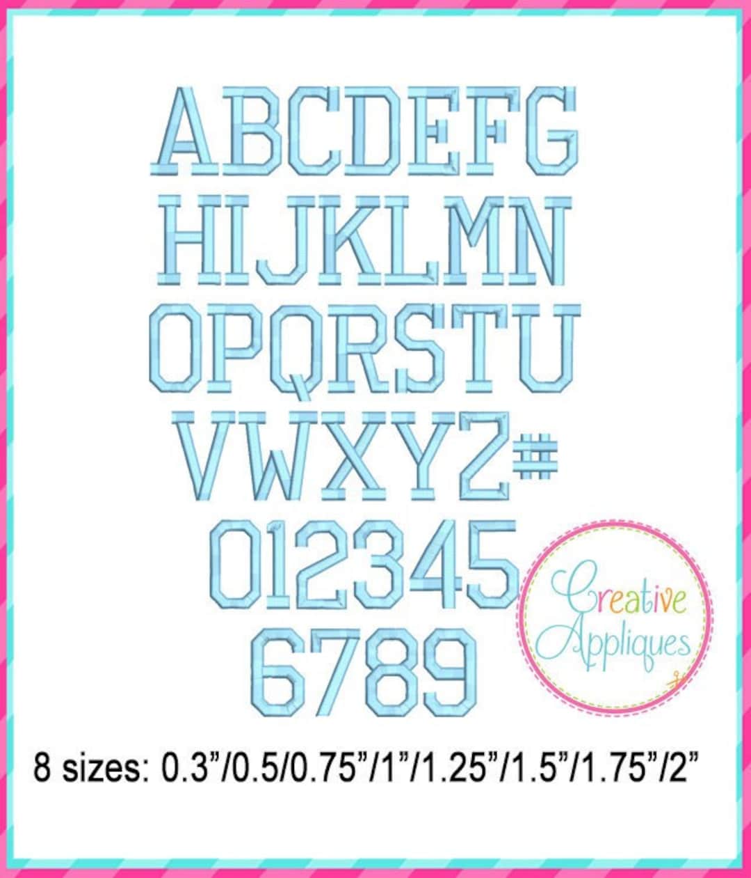 8 サイズ! バーシティ刺繍アルファベットフォント デジタル機械刺繍、A から Z、数字、スポーツ刺繍フォント、大学刺繍 - Etsy 日本