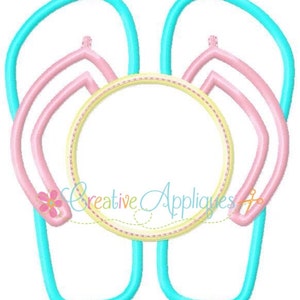 May include: A pair of turquoise blue flip flops with a pink and yellow circle in the center. The circle has a space for a monogram.