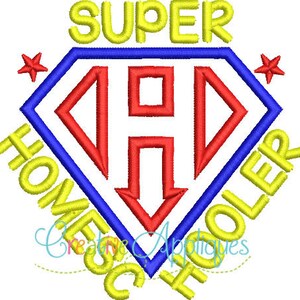 May include: A yellow and blue superhero logo with the text "SUPER HOMESCHOOLER" around the outside. The logo features a red letter "H" in the center.