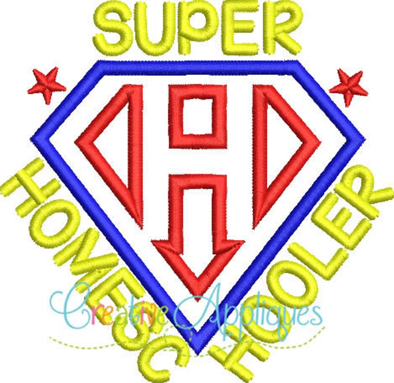 May include: A yellow and blue superhero logo with the text "SUPER HOMESCHOOLER" around the outside. The logo features a red letter "H" in the center.