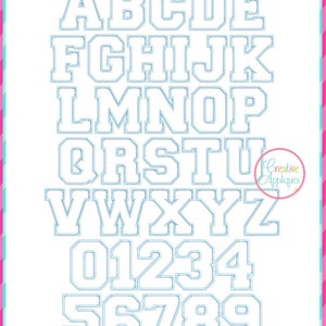 Zigzag Stitch Collegiate Applique Alphabet letters A thru Z, numbers Digital Machine Embroidery Applique Design 2 inch to 7.5 inch, 7 Sizes