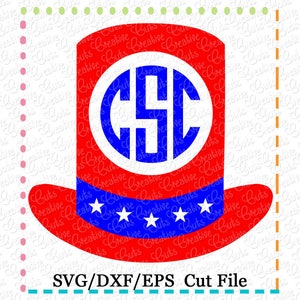 May include: Red, white, and blue top hat with a blue circle monogram "CSC" in the center. The hat has a band with five white stars on a blue background.