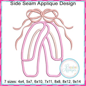 May include: Pink ballet shoe applique design with a pink bow.  7 sizes are available: 4x4, 5x7, 6x10, 7x11, 8x8, 8x12, 9x14.