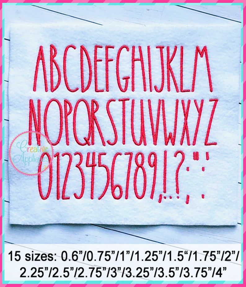 Puede incluir: Un conjunto de letras y n&uacute;meros bordados en rojo con un estilo sencillo y manuscrito. Las letras son may&uacute;sculas y los n&uacute;meros van del 0 al 9. El conjunto incluye signos de puntuaci&oacute;n como un signo de interrogaci&oacute;n, un signo de exclamaci&oacute;n, dos puntos y punto y coma. El texto de la imagen dice "15 tama&ntilde;os: 0,6"/0,75"/1"/1,25"/1,5"/1,75"/2"/ 2,25"/2,5"/2,75"/3"/3,25"/3,5"/3,75"/4"