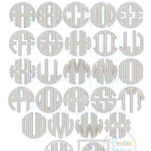 May include: A set of 26 alphabet letters and two frames in a circle design. The letters are in a multi-colored floss embroidery style. The letters are in various sizes from 5 to 8.5 inches. The text reads "NATURAL CIRCLE FLOSS MONOGAM MEDIUM 8 SIZES: 5", 5.5", 6", 6.5", 7", 7.5", 8", 8.5" & 2 frames".