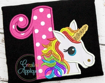 Rainbow Unicorn Birthday 1 Digital Machine Embroidery Applique Design 4 sizes, 1st birthday, 1 one first unicorn birthday applique