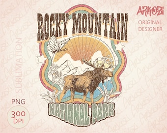 May include: A vintage-style graphic design featuring a moose standing in front of a mountain range with a butterfly and the text "Rocky Mountain National Park". The design is in shades of brown, blue, green, and yellow.