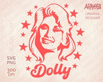 May include: A red silhouette of Dolly Parton with a big smile, surrounded by red stars. The text "Dolly" is written in a red, stylized font below her.
