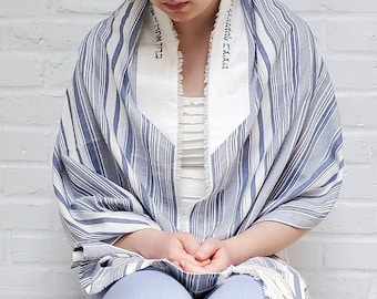 Striped Cotton Tallit, Handcrafted Prayer Shawl, Denim Blue, Gender Neutral Tallis