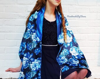 Blue Floral Tallit, for Women, Ladies, Bat Mitzvah, Handmade Satin Tallis, Floral Satin Tallit