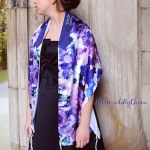 Handmade Purple Floral Satin Tallit, Women's Prayer Shawl, Ladies Tallis, Bat Mitzvah Gift