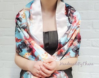 Butterfly Tallit for Bat Mitzvah, Women's Handmade Blue Tallis, Ladies Satin Tallit
