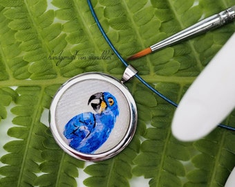 Original watercolor parrot, 2 versions, set in stainless steel,or real sterling silver, macaw, hand painted, original painting in pendant