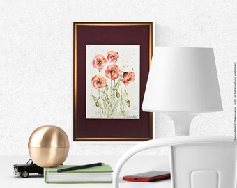 gerahmtes Original Mohn, Aquarell Mohnblumen, handgemalt Blumenbild, Geschenk für Mutter, Muttertagsgeschenk, statt Blumen, Blumenmalerei