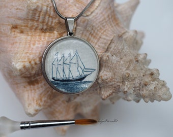 Original watercolor sailing ship, plain, in stainless steel, hand painted, original painting in pendant with stainless steel chain, unique