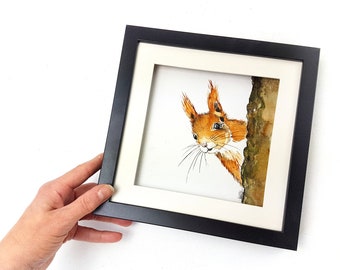 Unikat Aquarell Eichhörnchen, Tier Wald Original Bild gerahmt Babyzimmerbild Tierbild Wald Illustration Deko Kinderzimmer Wildtier, Geschenk