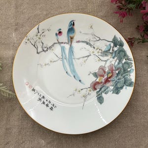 Staffordshire Bone China Plate: Oriental Blue Robin Scene