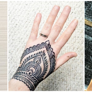Examples comparing the stain results of henna, jagua and a jagua-henna blend.