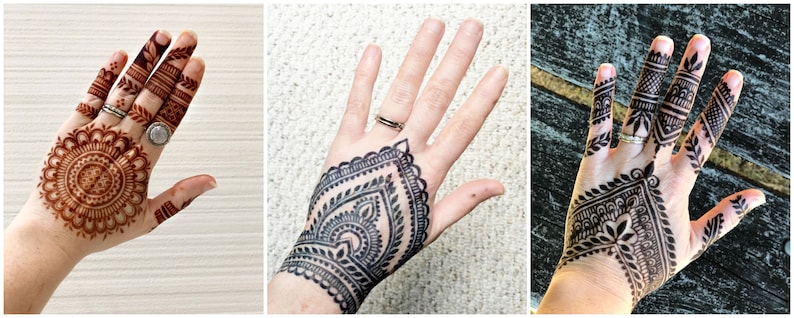 Examples comparing the stain results of henna, jagua and a jagua-henna blend.